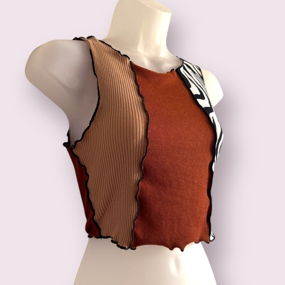 SHEIN Zebra Patchwork Ribbed Crop Top Sleeveless Ruched Size M - Picture 4 of 5